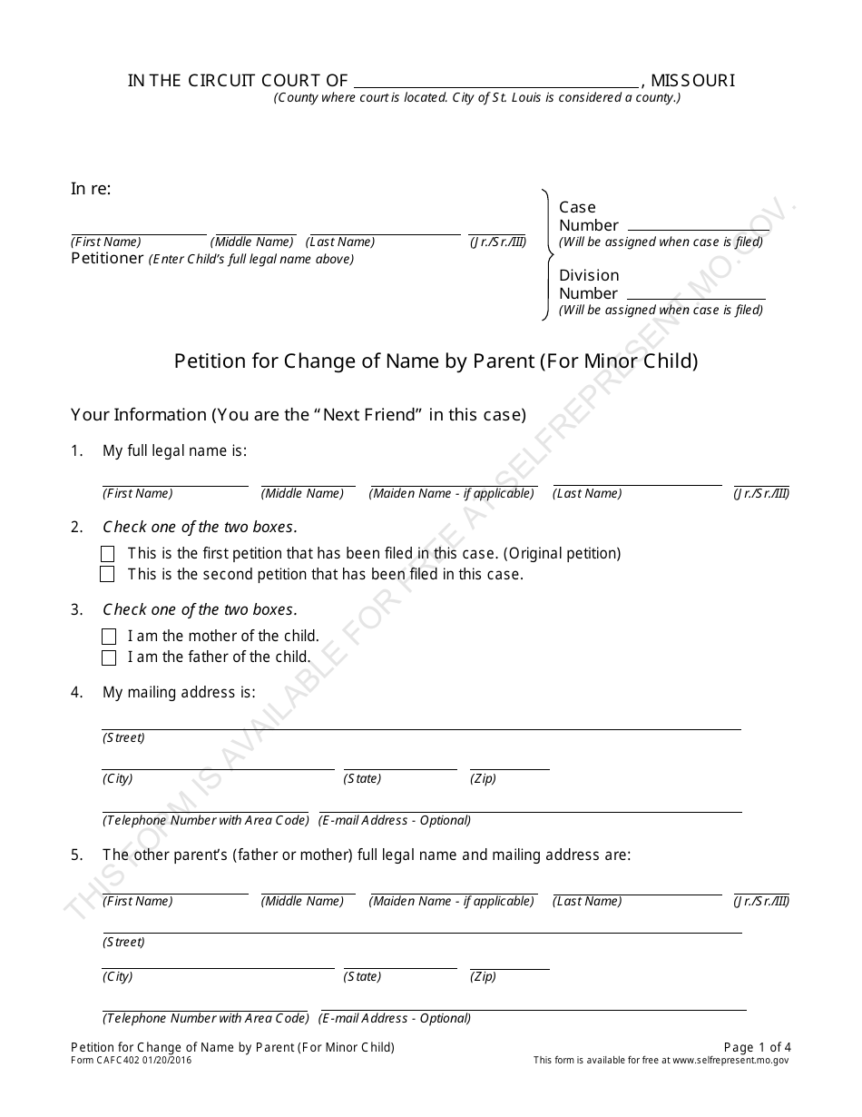 Form CAFC402 Petition for Change of Name by Parent (For Minor Child) - Missouri, Page 1