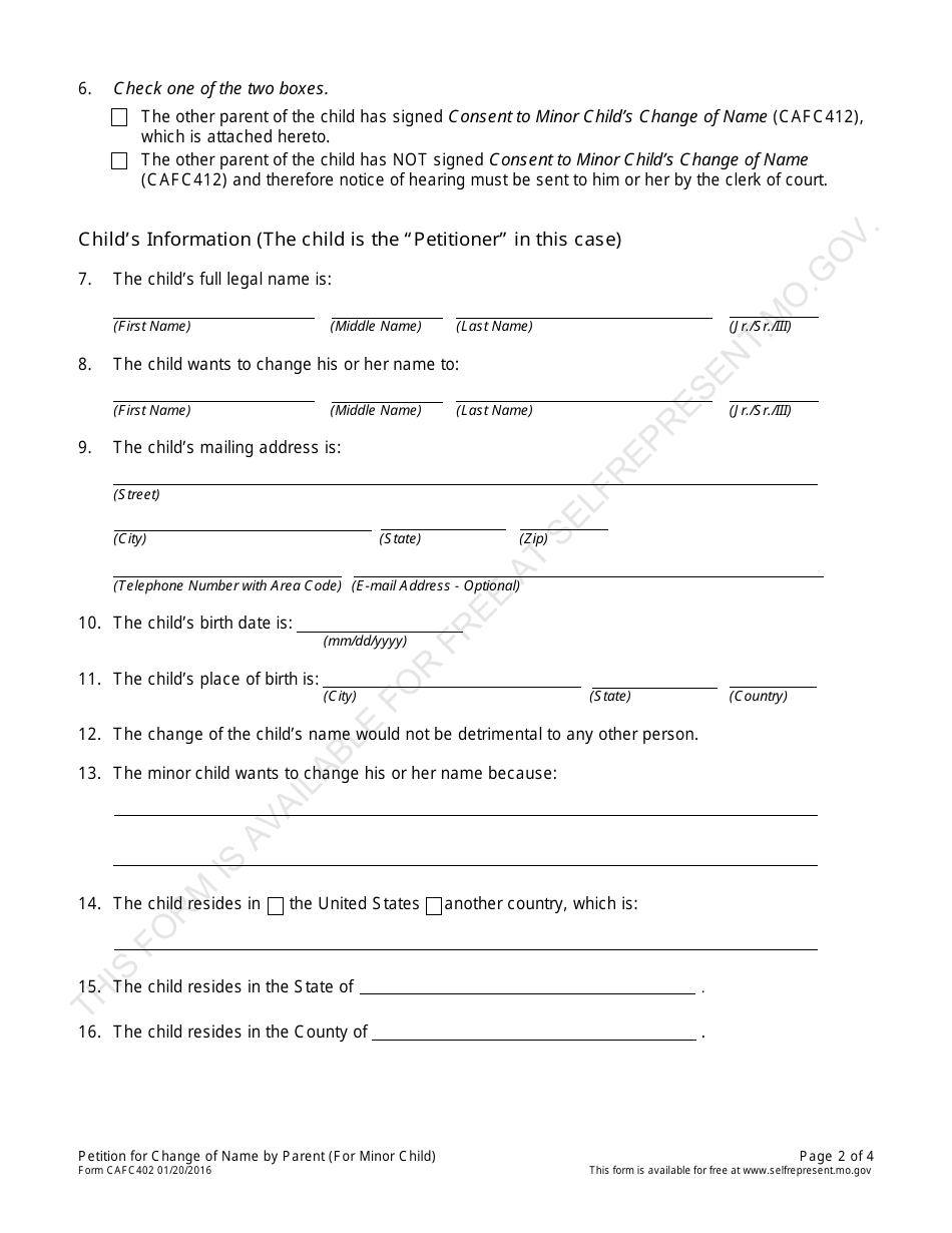 Form CAFC402 Petition for Change of Name by Parent (For Minor Child) - Missouri, Page 2