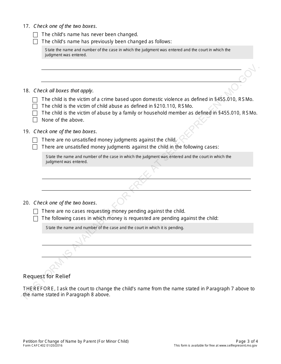 Form CAFC402 Petition for Change of Name by Parent (For Minor Child) - Missouri, Page 3