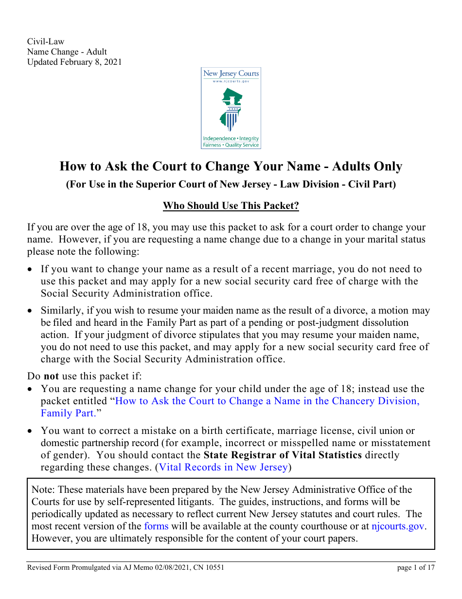Form CN10551 Name Change Form - Adult - New Jersey, Page 1