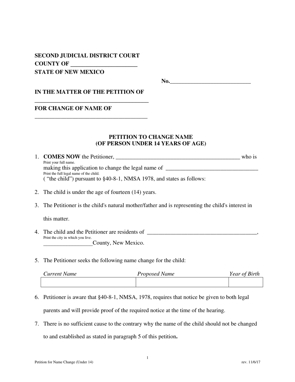 Petition to Change Name (Of Person Under 14 Years of Age) - New Mexico, Page 1