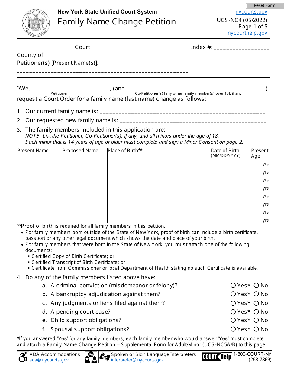 Form UCS-NC4 Family Name Change Petition - New York, Page 1