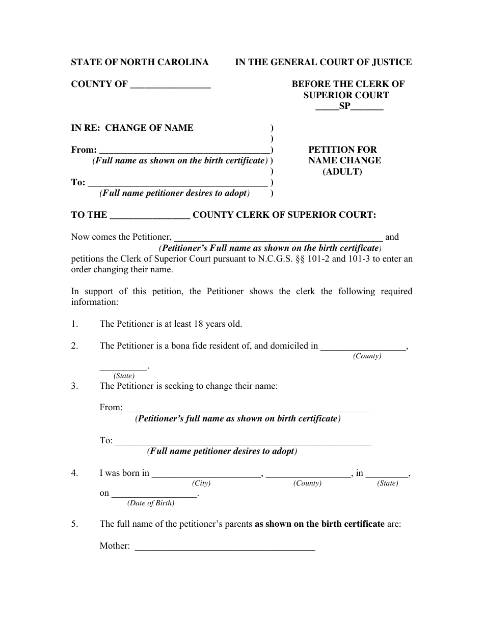 Petition for Name Change (Adult) - North Carolina, Page 1