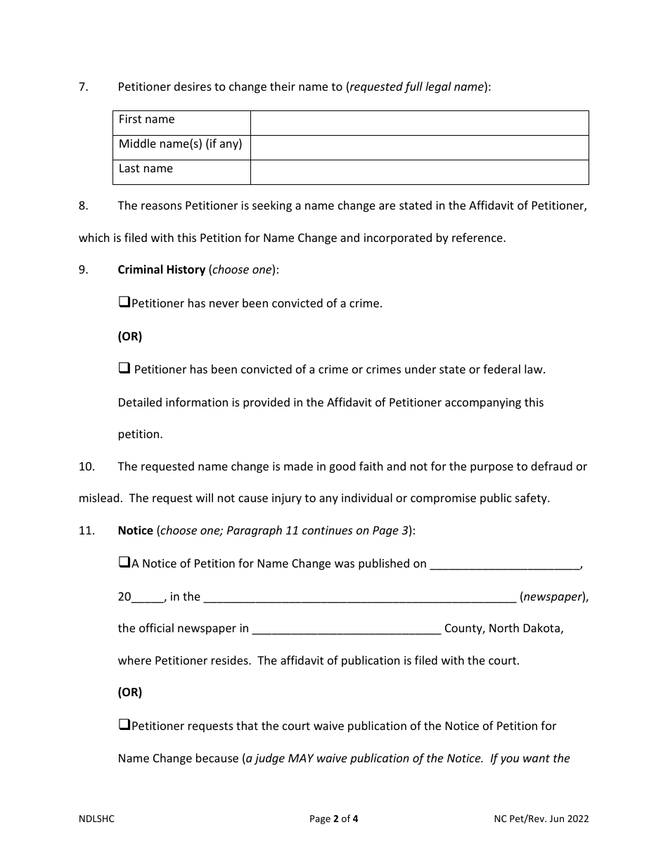 Petition for Name Change - Adult - North Dakota, Page 2
