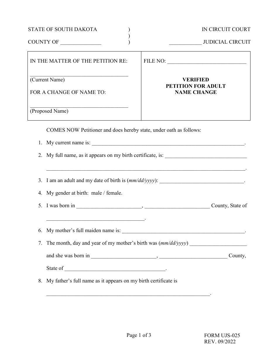 Form UJS-025 Verified Petition for Adult Name Change - South Dakota, Page 1