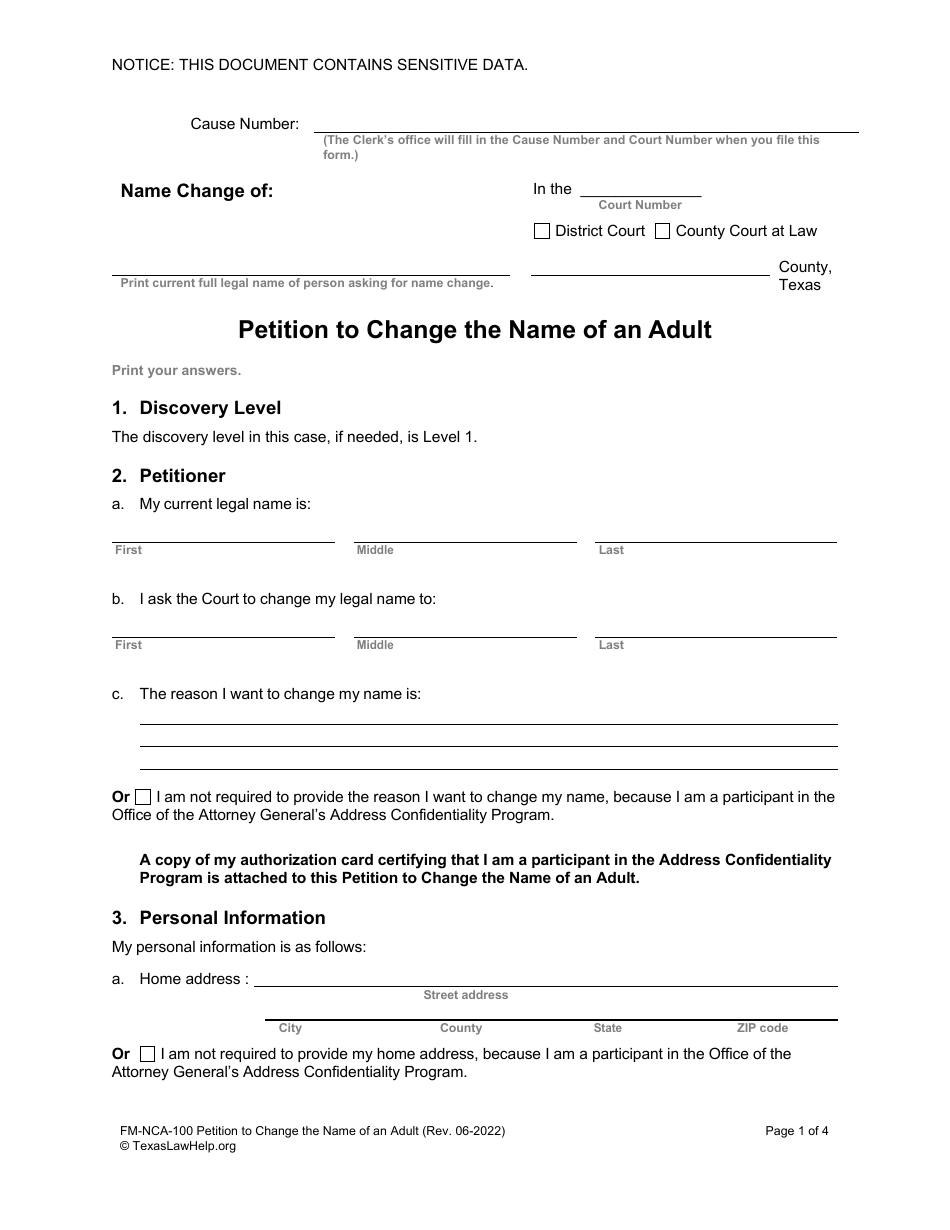 Form FM-NCA-100 Petition to Change the Name of an Adult - Texas, Page 1