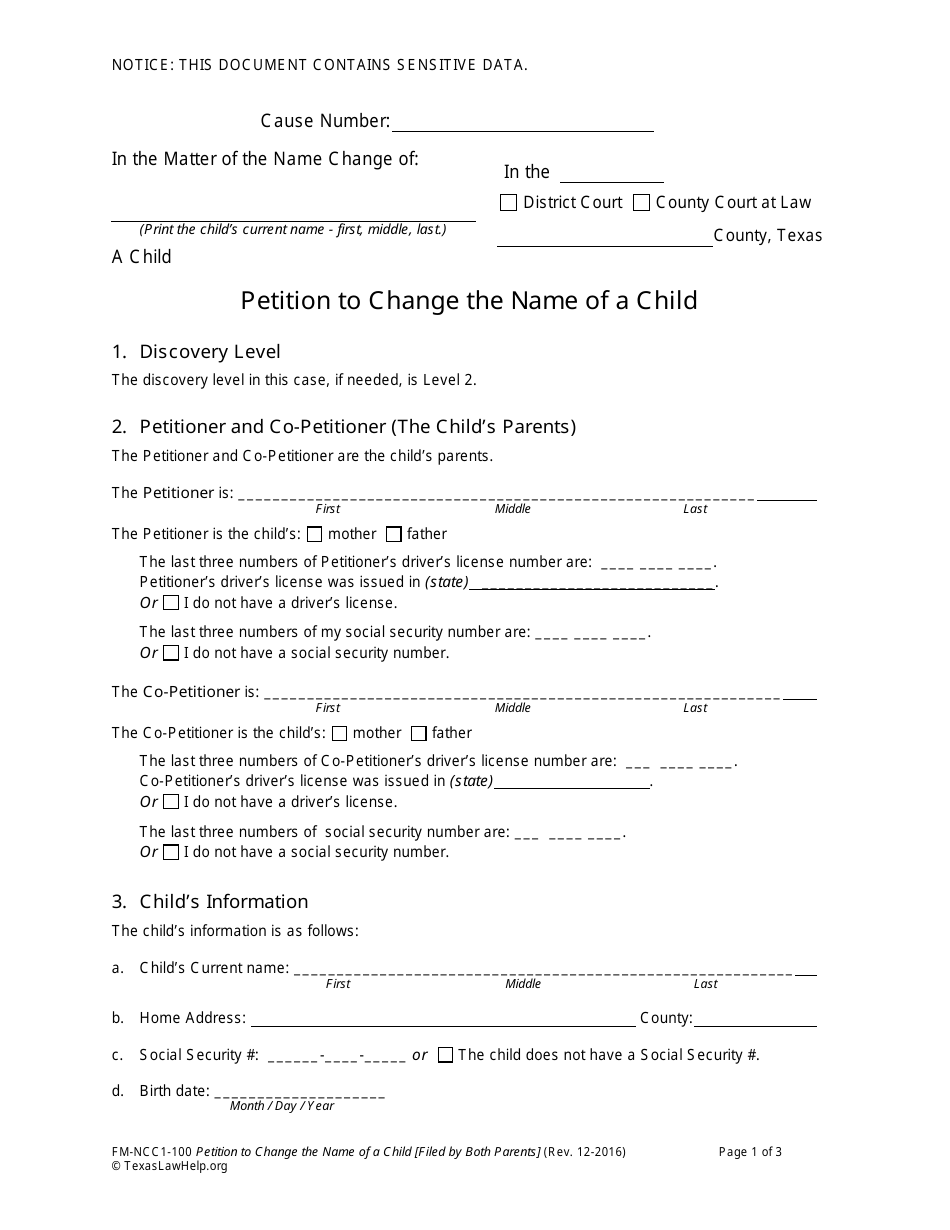 Form FM-NCC1-100 Petition to Change the Name of a Child - Texas, Page 1
