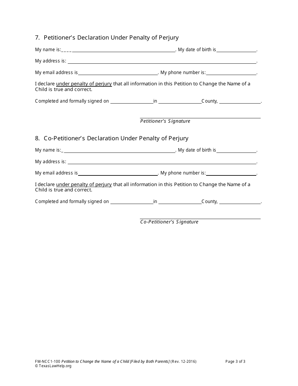 Form FM-NCC1-100 Petition to Change the Name of a Child - Texas, Page 3