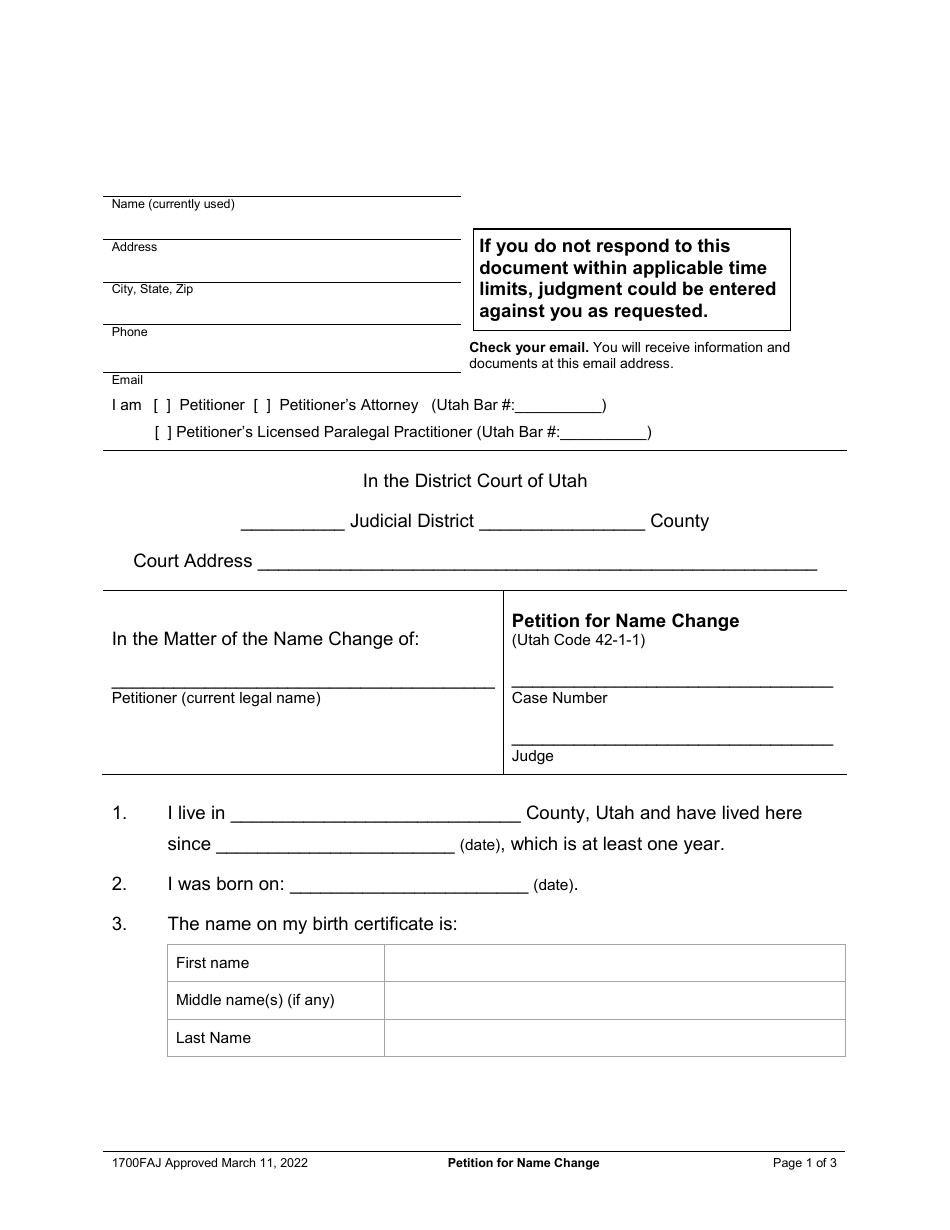 Form 1700FAJ Petition for Name Change - Adults - Utah, Page 1