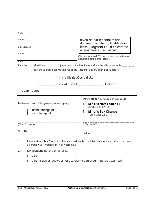 Form 1720FAJ Petition for Minor's Name Change or Minor's Sex Change - Utah