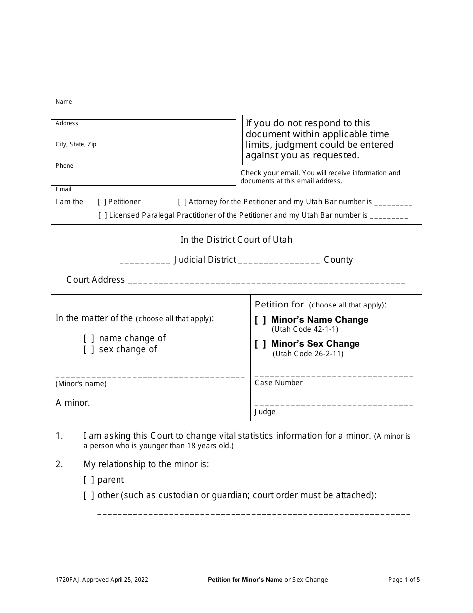 Form 1720FAJ Petition for Minors Name Change or Minors Sex Change - Utah, Page 1