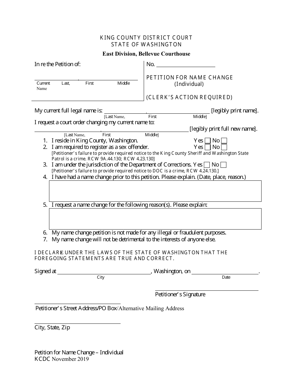 Petition for Name Change (Individual) - King County, Washington, Page 1