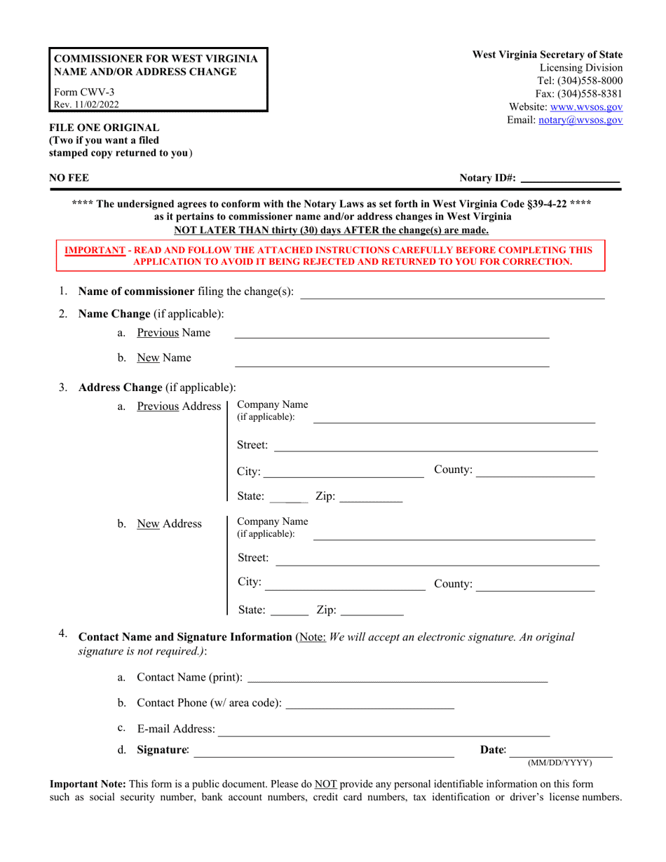 Form CWV-3 Name and/or Address Change - West Virginia, Page 1