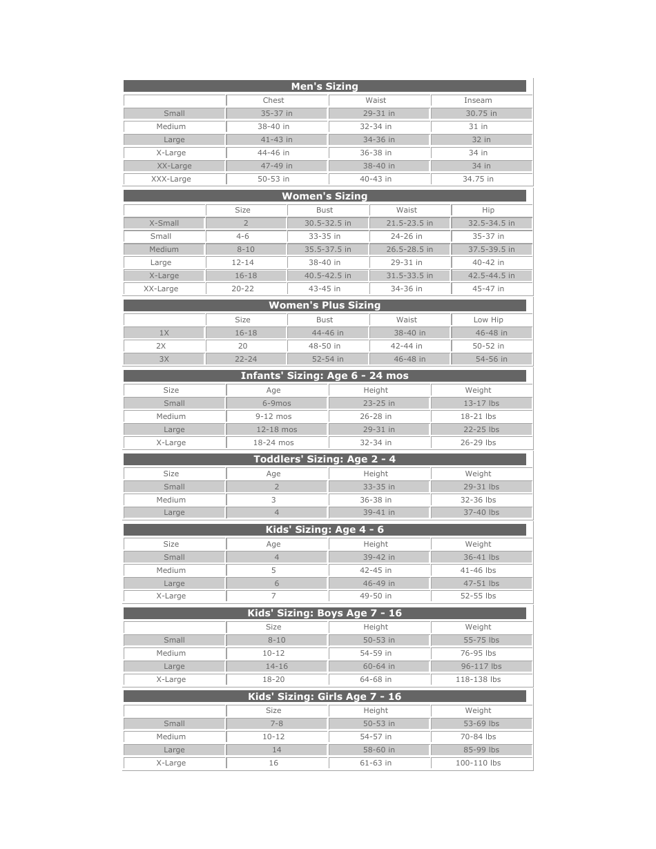 Universal Clothing Size Chart Download Printable PDF | Templateroller