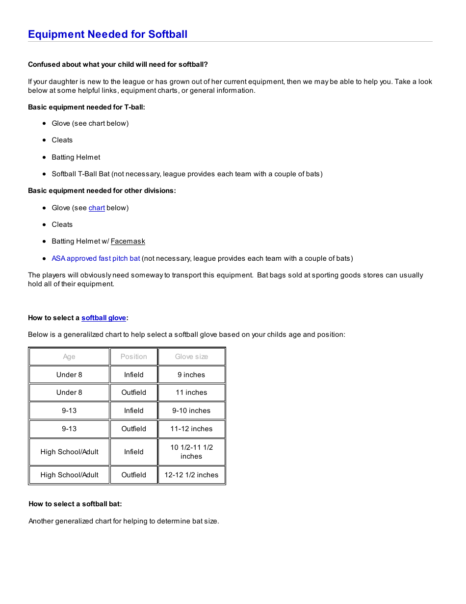Softball Bat & Glove Size Chart Blue Download Printable PDF