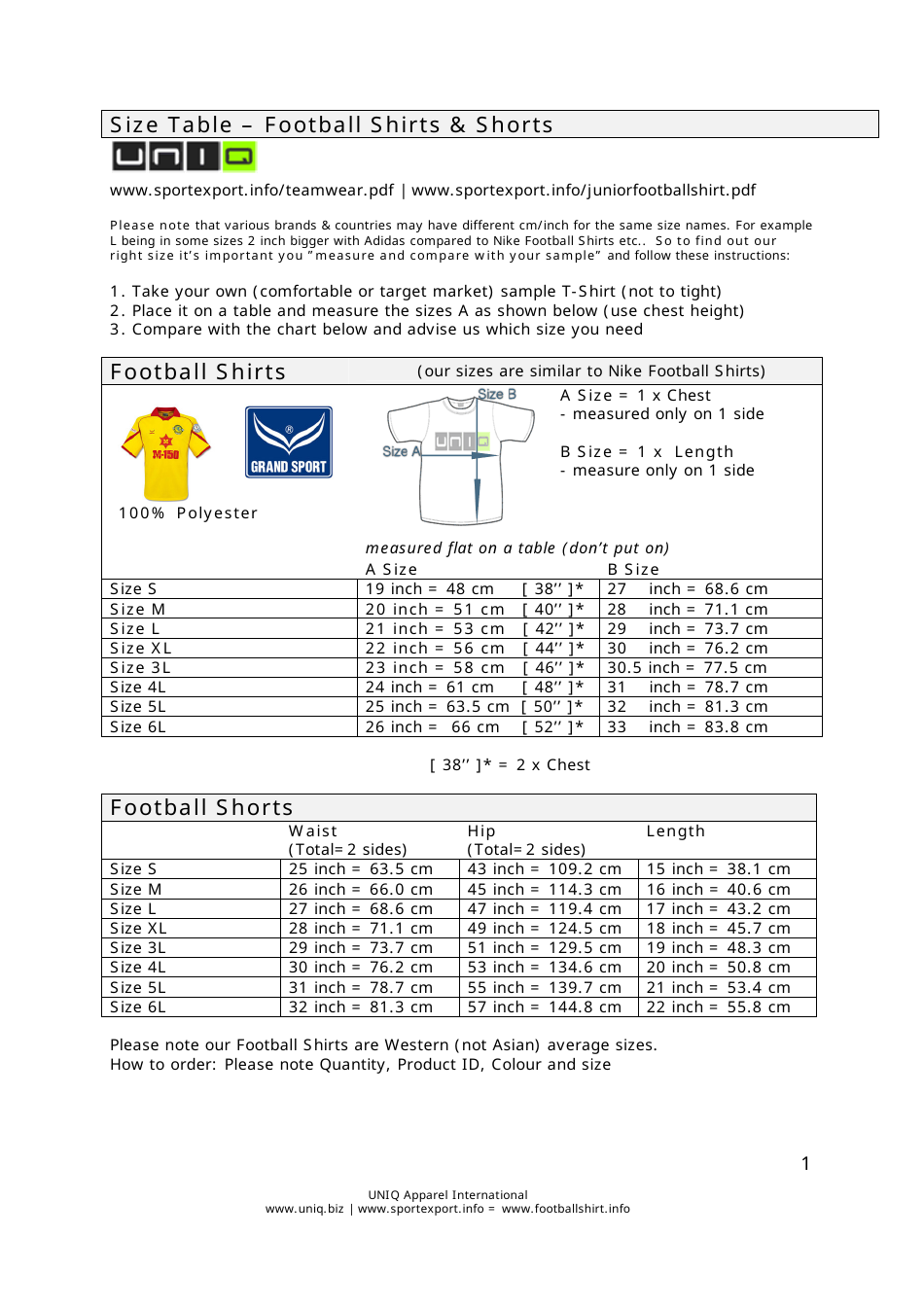 Football Shirt & Shorts Size Chart - Uniq