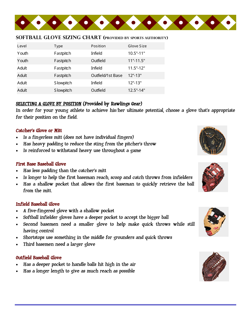 Baseball & Softball Glove Size Chart - Presents Download Printable PDF