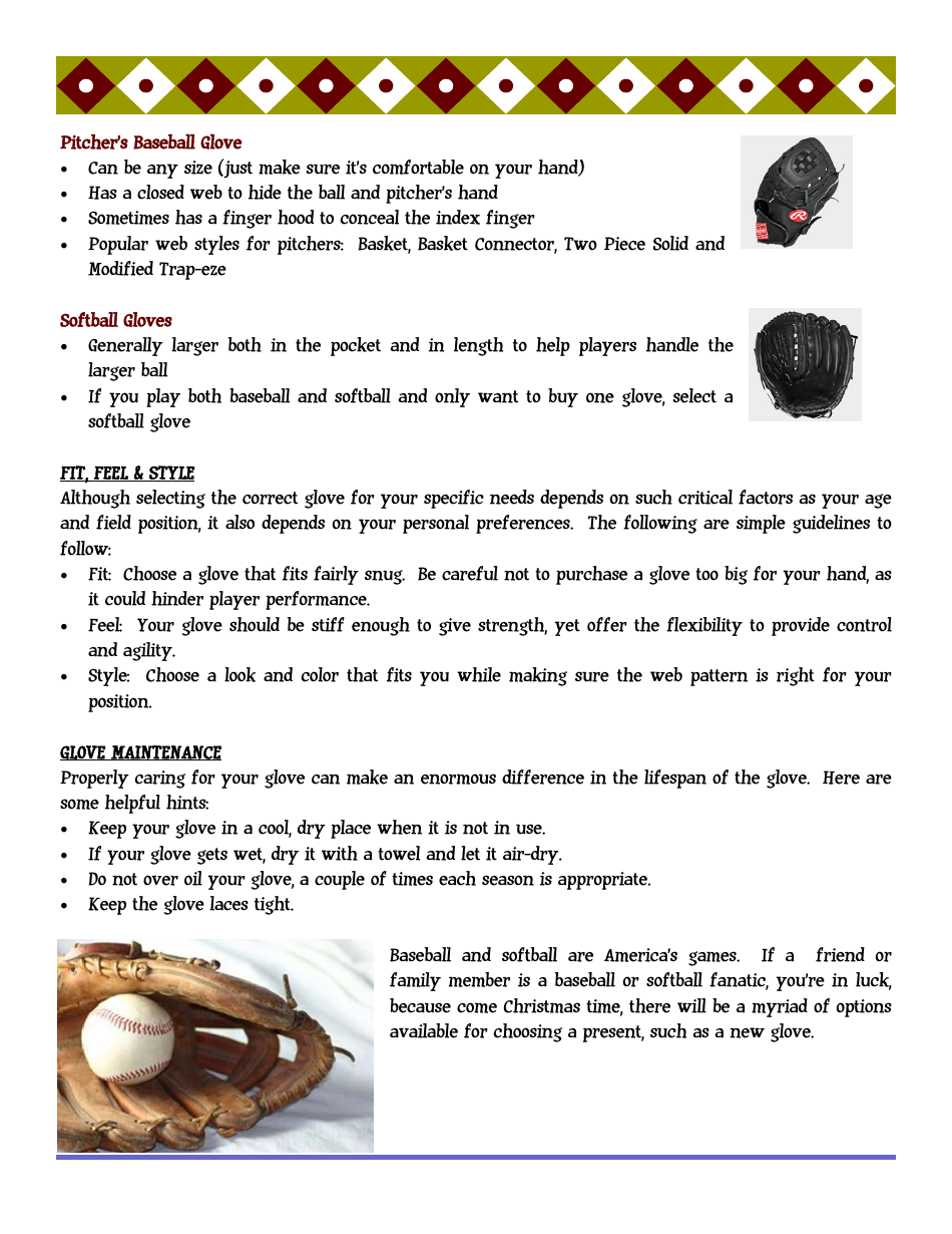 Baseball & Softball Glove Size Chart Presents Download Printable PDF