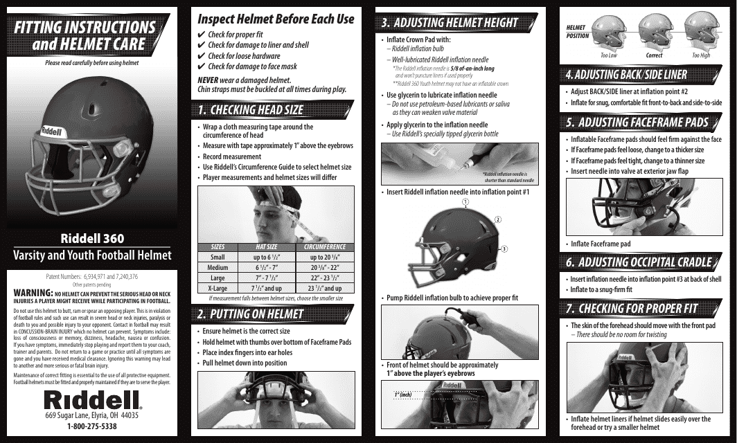 Football Helmet Size Chart Riddell Download Printable PDF