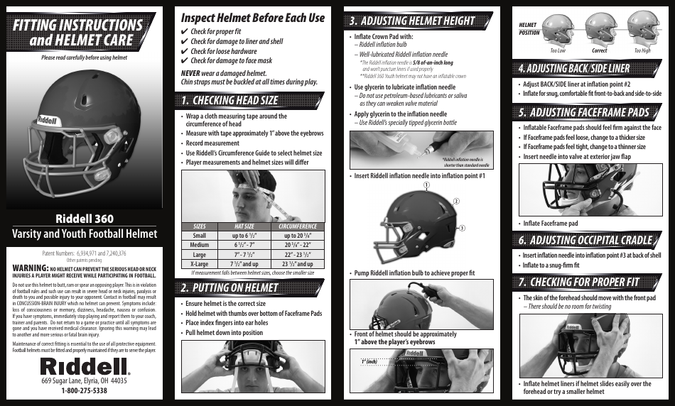 Football Helmet Size Chart Riddell Download Printable PDF