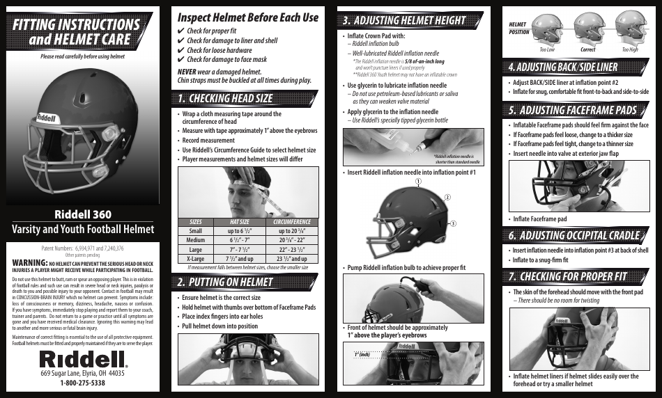 Football Helmet Size Chart - Riddell