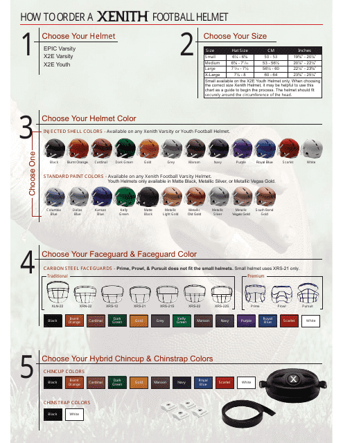 Football helmet size chart image featuring Xenith brand helmet sizes and measurement guide