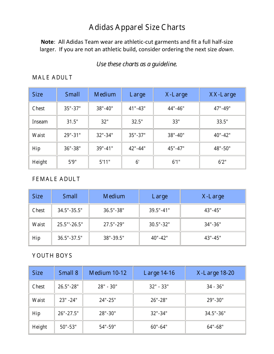 Apparel Size Chart - Adidas Download Printable PDF | Templateroller