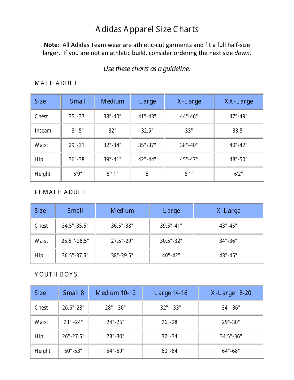 Apparel Size Chart - Adidas