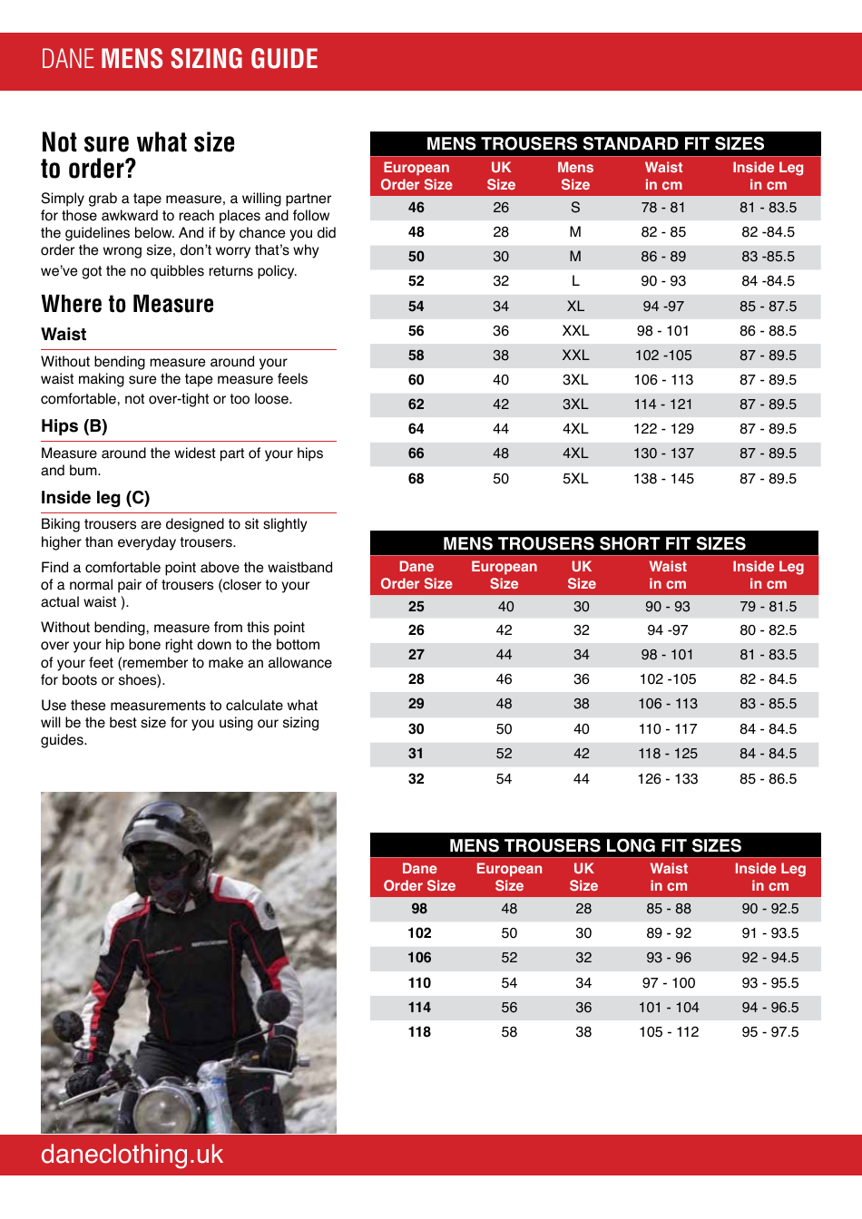 Motorcycle Clothing Size Chart - Dane Download Printable PDF ...