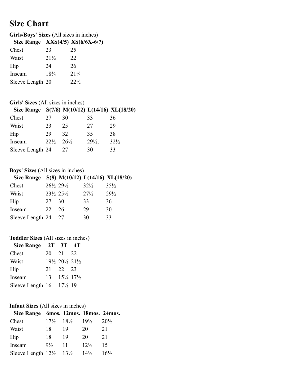 Children's Clothes Size Chart Download Printable PDF | Templateroller
