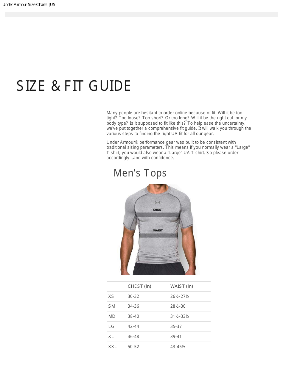 Sportswear Size Chart - Under Armour - Big Pictures Download Printable 