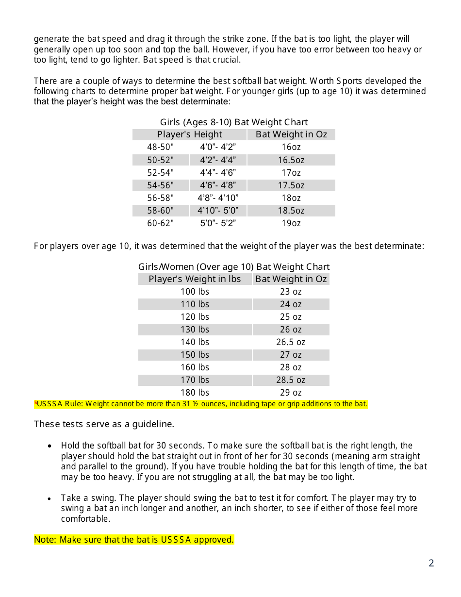 Softball Bat Size Chart Download Printable PDF | Templateroller