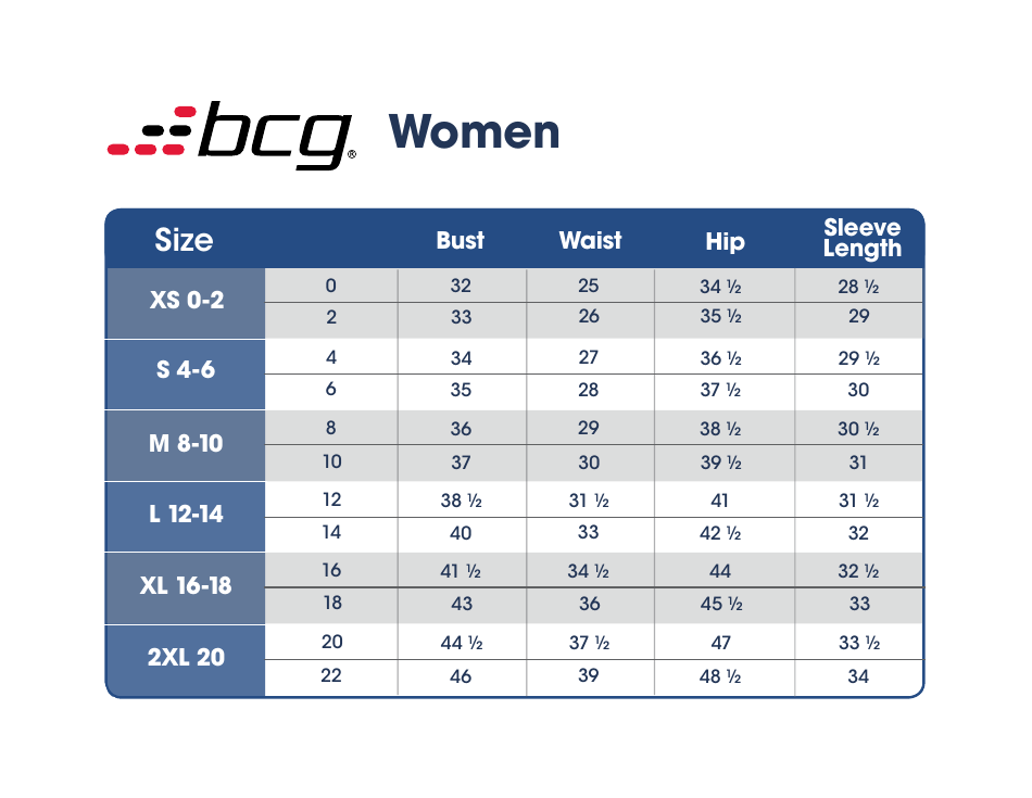 Women's Sportswear Size Chart - Bcg