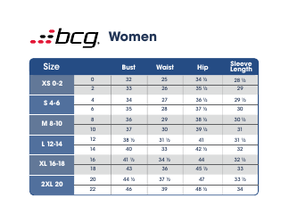 Document preview: Women's Sportswear Size Chart - Bcg