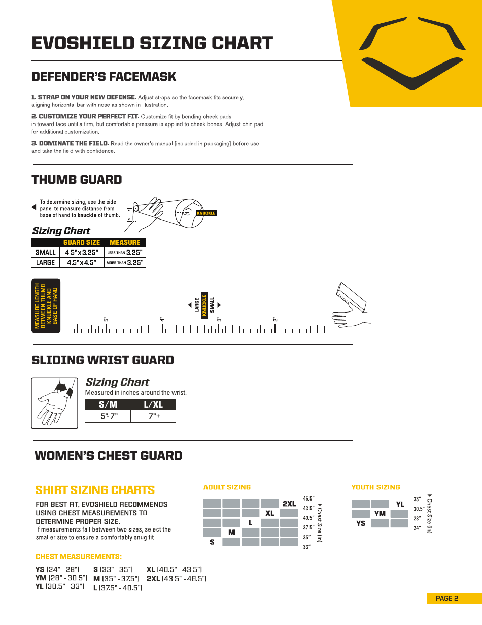 Protective Gear Size Chart - Evoshield, Page 2