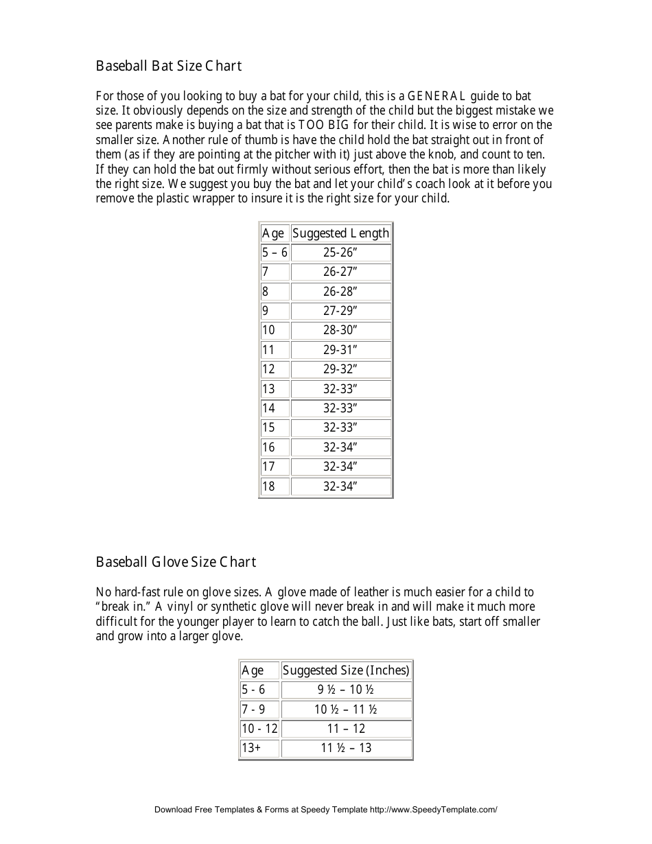 Baseball Bat & Glove Size Chart Download Printable PDF | Templateroller