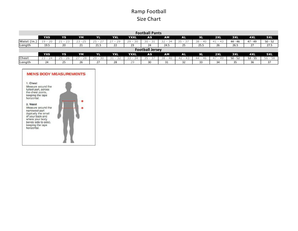 Football Pants & Jersey Size Chart Ramp Download Printable PDF