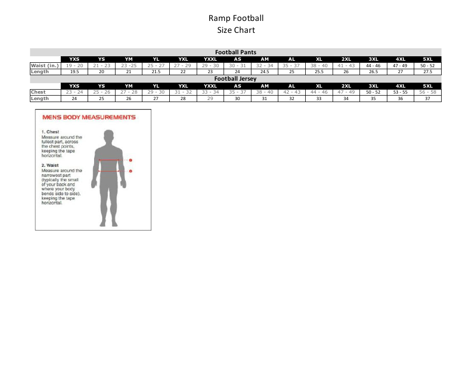 Football Pants & Jersey Size Chart