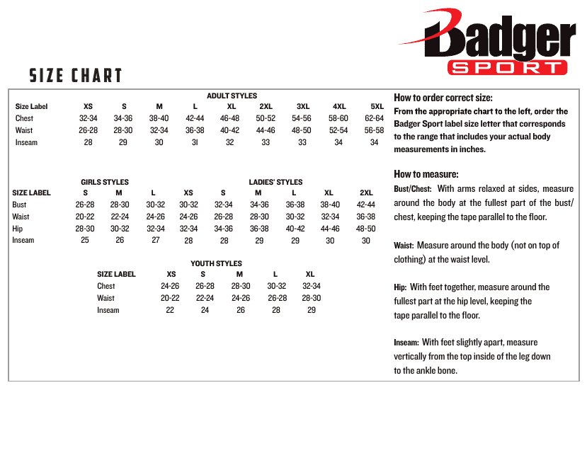 Sportswear Size Chart - Badger Sport