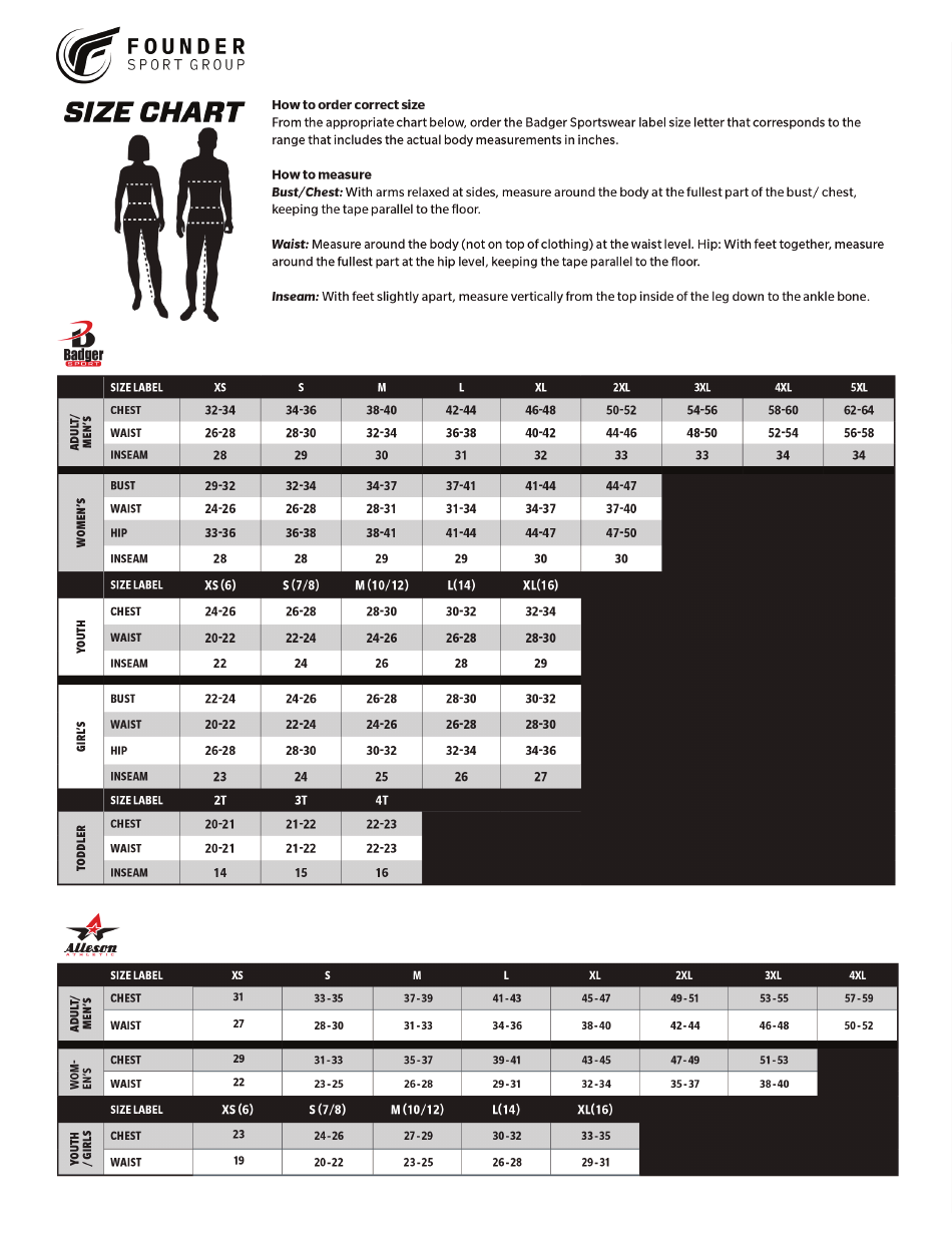 Sportswear Size Chart - Founder Download Printable PDF | Templateroller