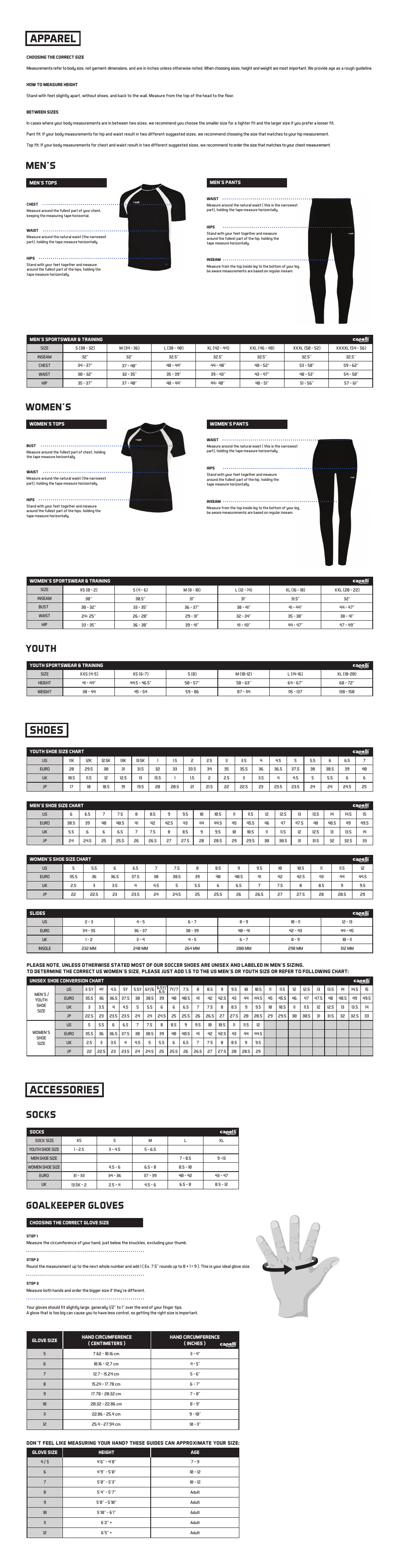 Capelli Sport Sportswear and Accessories Size Chart Preview
