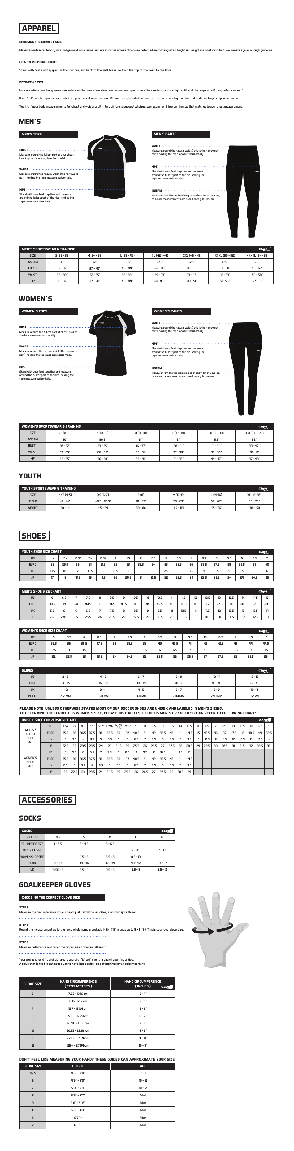 Sportswear and Accessories Size Chart Capelli Sport Download