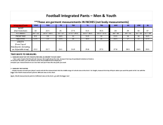 Document preview: Men & Youth Football Integrated Pants Size Chart
