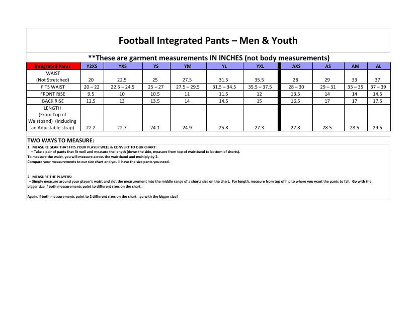 Men & Youth Football Integrated Pants Size Chart | TemplateRoller