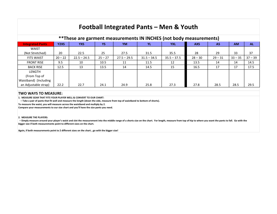 Men & Youth Football Integrated Pants Size Chart Download Printable PDF ...