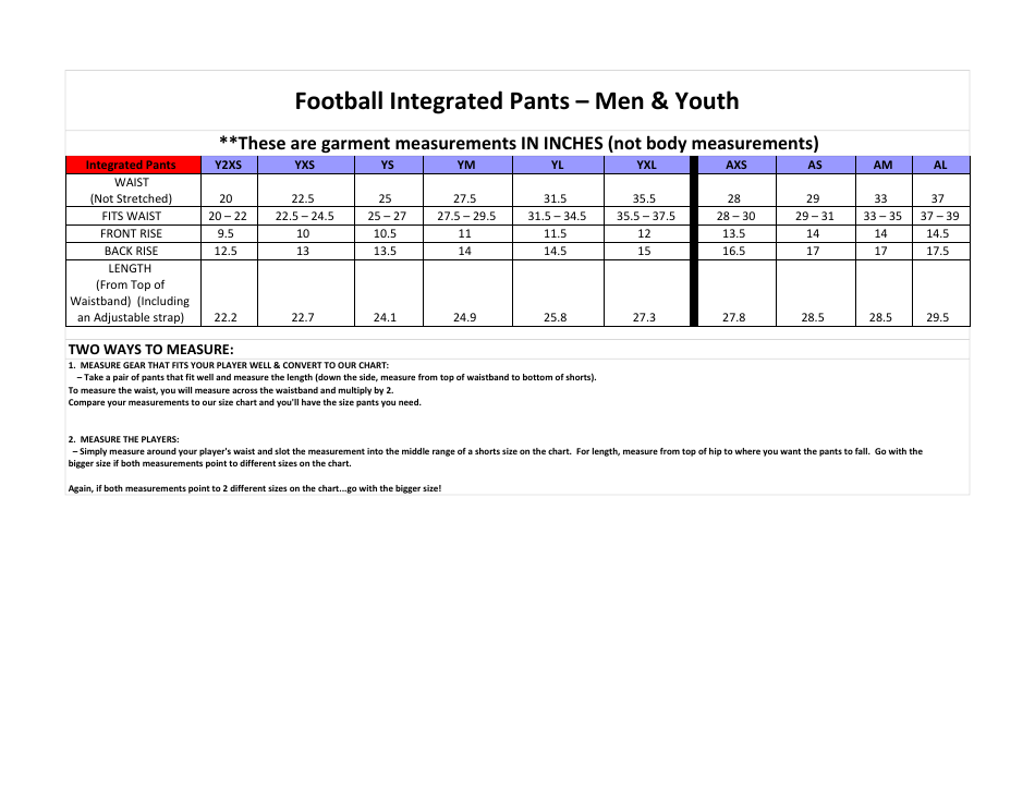 Men  Youth Football Integrated Pants Size Chart, Page 1