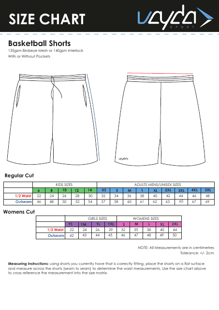 Basketball Shorts Size Chart - Vayda Sport
