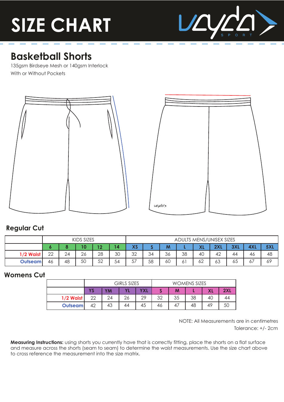 Basketball Shorts Size Chart Vayda Sport Download Printable PDF Templateroller