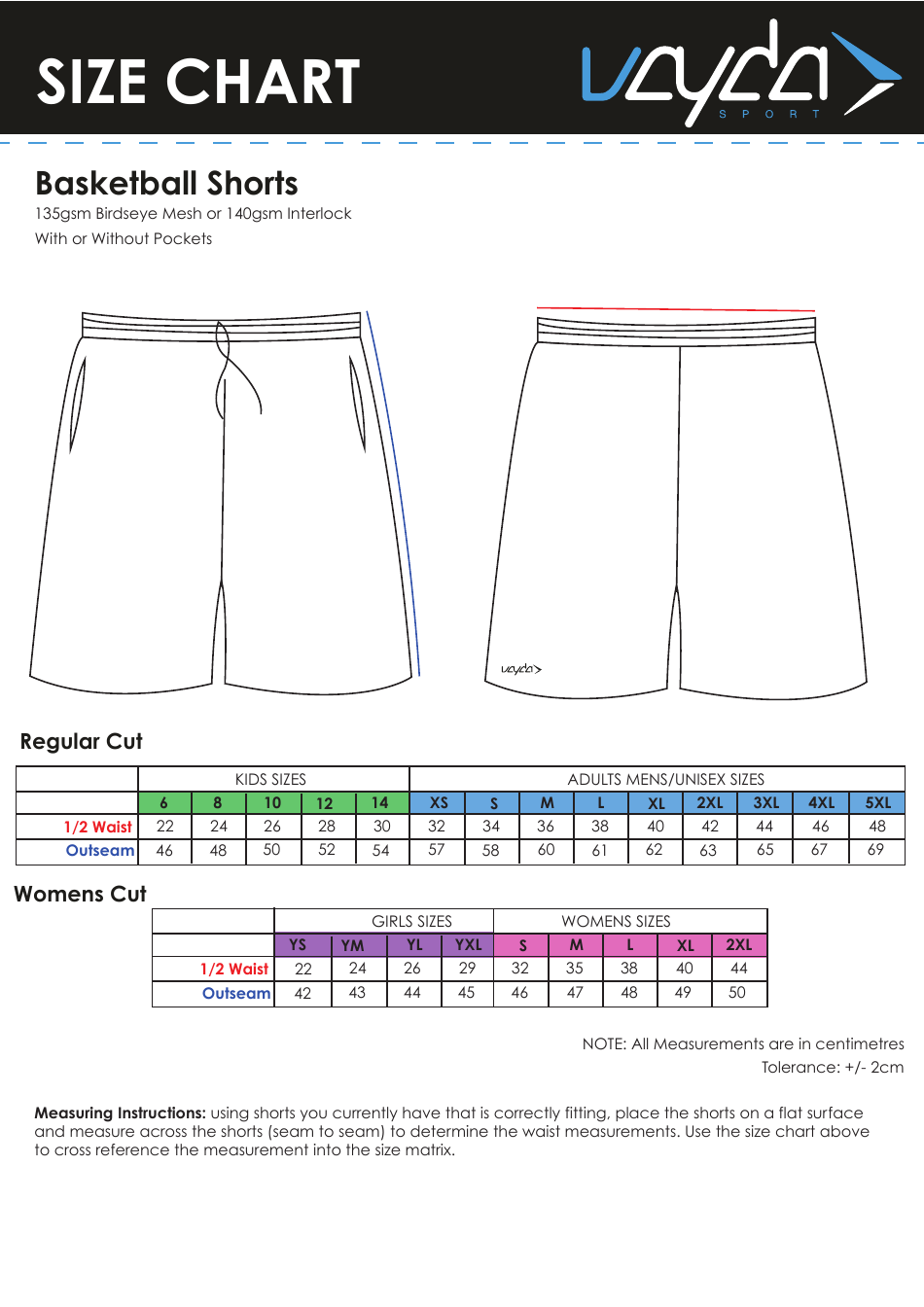 Basketball Shorts Size Chart - Vayda Sport Download Printable PDF ...