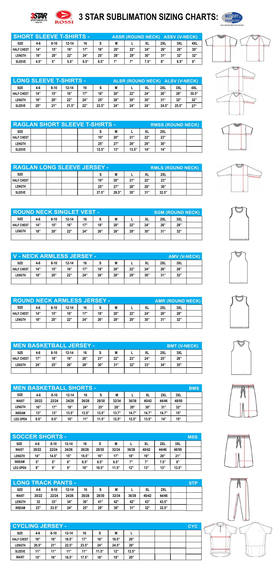 Sportswear Size Chart - 3 Star Shiny Blue Pattern